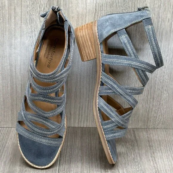 Comfortiva Sandals Women 8M Betha Open Front Stacked Heel Gladiator Leather Gray - Picture 12 of 14